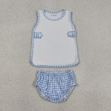GBO0532 White Blue Plaid Baby Bummie Diaper Outfits