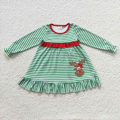 GLD0207 Embroidery Christmas Elk Deer Green Stripe Red Girl's Dress