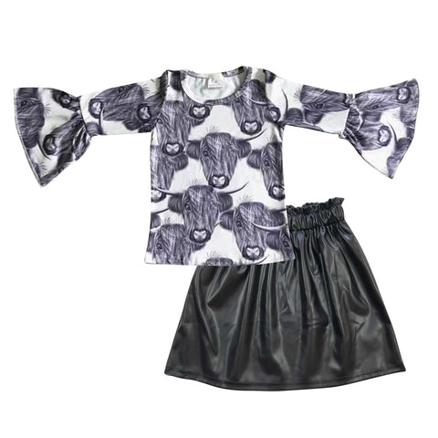 GLD0213 Fashion Cow Leather Black Skirt Girl's Set