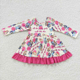 GLD0214 Cartoon Blue Dog Flower Pink Girl's Dress