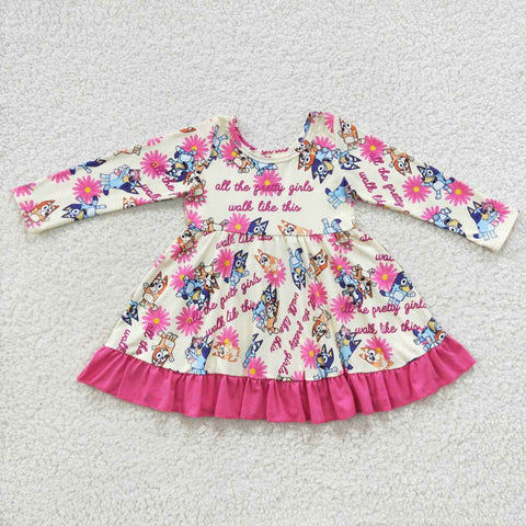 GLD0214 Cartoon Blue Dog Flower Pink Girl's Dress