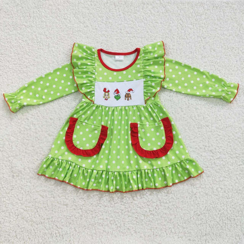 GLD0217 Embroidery Christmas Green Dots Pockets Girl's Dress