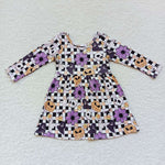 GLD0233 Halloween Pumpkin Flower Plaid Girl's Dress