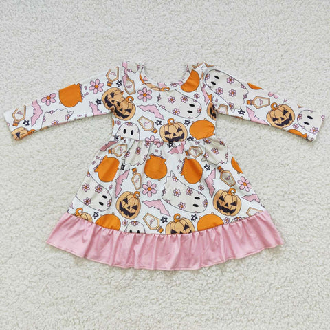 GLD0244 Halloween Pumpkin Flower Ghost Pink Girl's Dress