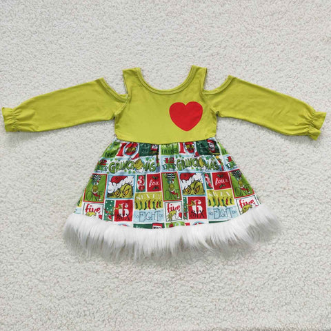 GLD0247 Christmas Green Love Fur Girl's Dress