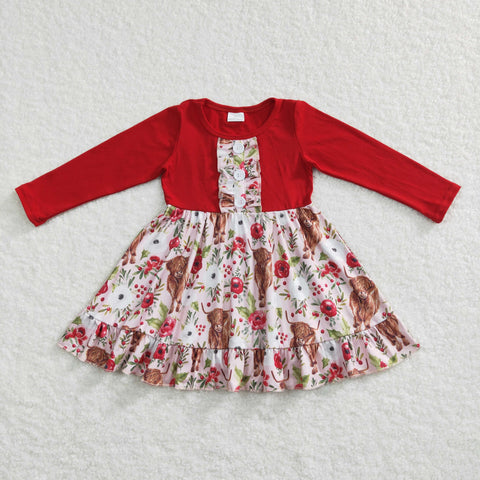 GLD0322 Cow Flower Red Girl's Dress