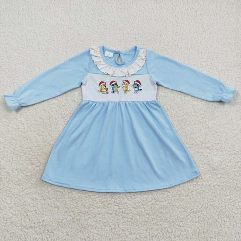 GLD0328 embroidery Christmas Cartoon Blue  Girl's Dress