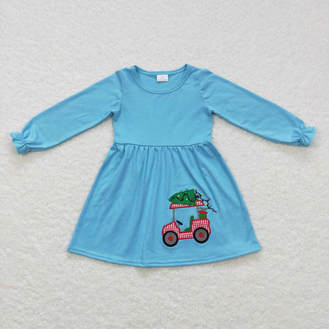 GLD0391 Embroidery Christmas Car Tree Blue Girl's Dress