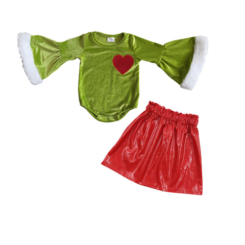 GLD0392 Christmas Velvet Love Red Leather Skirt Baby Girl's Set