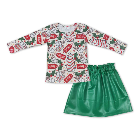 GLD0396 Christmas Jolly Milk Leather Green Skirt Girl's Set