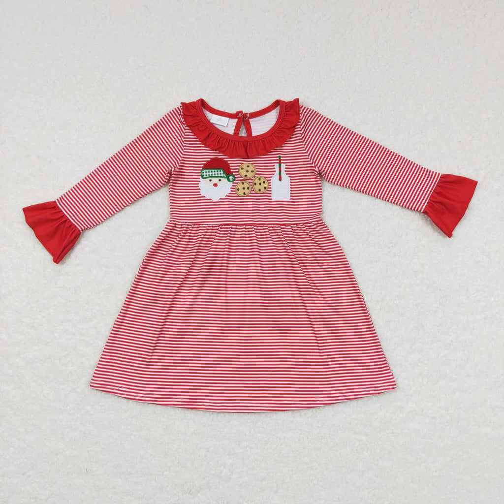 GLD0411 Embroidery Christmas Santa Cookie Milk Red Stripe Girl's Dress