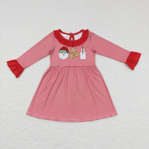 GLD0411 Embroidery Christmas Santa Cookie Milk Red Stripe Girl's Dress