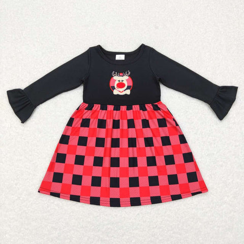 GLD0423 Embroidery Christmas Reindeer Red Plaid Girl's Dress