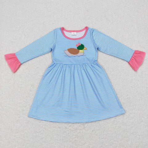 GLD0426 Embroidery Mallard Blue Stripe Girl's Dress