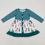 GLD0429 Christmas Deer Trees Green Girl's Dress