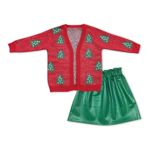 GLD0472 Christmas Tree Cardigan Green Leather Skirt Girls 2 Pcs Set