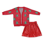 GLD0473 Christmas Tree Cardigan Red Leather Skirt Girls 2 Pcs Set