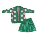 GLD0474 Christmas Santa Cardigan Green Leather Skirt Girls 2 Pcs Set