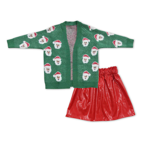 GLD0475 Christmas Santa Cardigan Red Leather Skirt Girls 2 Pcs Set