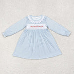 GLD0508 Embroidery Tie Bow Sky Blue Stripe Girls Dress