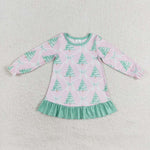 GLD0538 Christmas Trees Green Pink Girls Dress