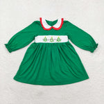 GLD0559 Embroidery Smocked Christmas Trees Red Plaid Girls Dress