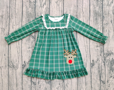 Preorder Samples GLD0561 Embroidery Christmas Elk Green Plaid Girls Dress