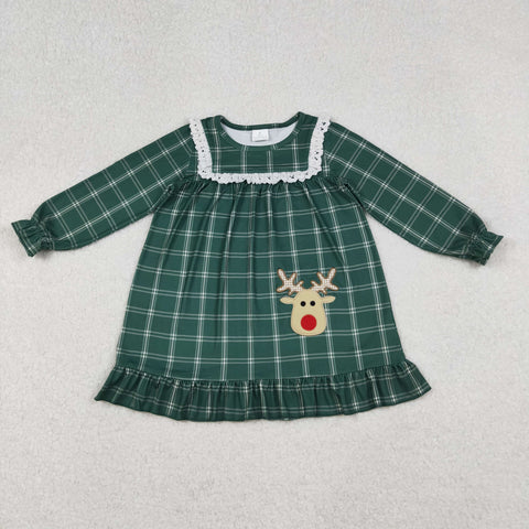 GLD0561 Embroidery Christmas Elk Green Plaid Girls Dress