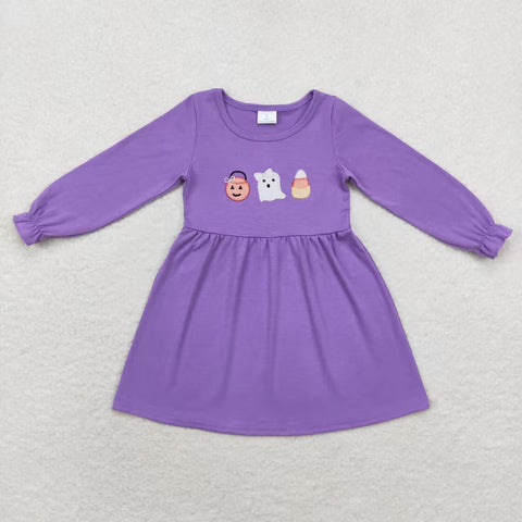 GLD0575 Embroidery Halloween Pumpkin Purple Girls Dress