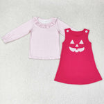 GLD0576 Embroidery Halloween Pumpkin Pink Strap dress Girls Set