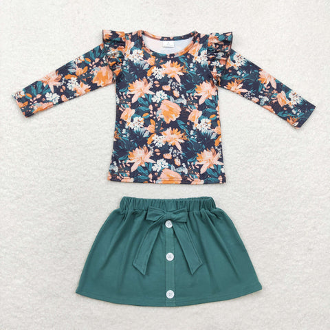 GLD0590 Flower Green Belt Girls Skirt Set