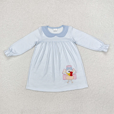 GLD0603 Embroidery Thanksgiving Day Turkey Sky Blue Girls Dress