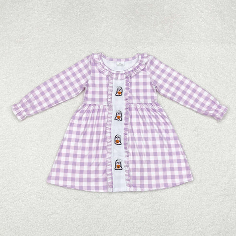 GLD0626 Embroidery Halloween Ghost Purple Plaid Girls Dress