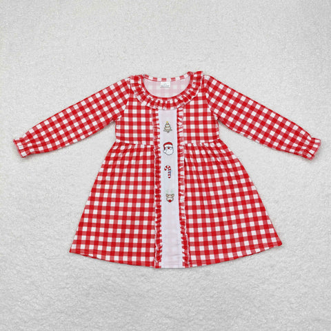 GLD0634 Embroidery Christmas Santa Red Plaid Girls Dress