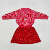 GLD0671 Christmas Candy Canes Winter Knit Sweater Sequins Skirt Girls Set