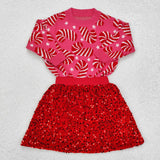 GLD0671 Christmas Candy Canes Winter Knit Sweater Sequins Skirt Girls Set