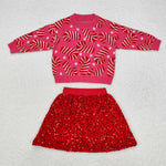 GLD0671 Christmas Candy Canes Winter Knit Sweater Sequins Skirt Girls Set