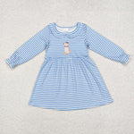 GLD0701 Embroidery Dog Blue Stripe Girls Dress