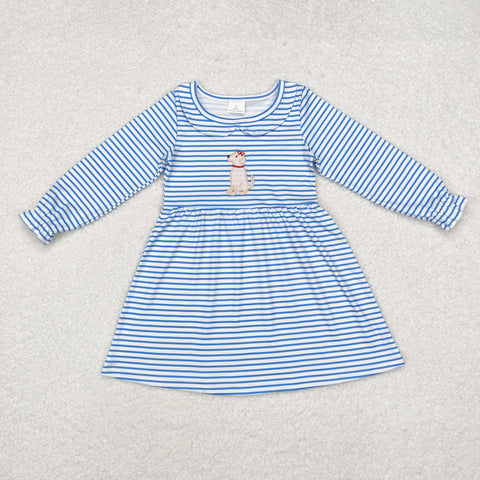 GLD0701 Embroidery Dog Blue Stripe Girls Dress