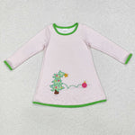 GLD0704 Embroidery Christmas Trees Stripe Girls Dress