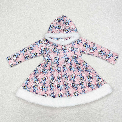 GLD0724 Christmas Cartoon Blue Dog Pink Plush Hoodie Girls Dress