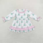 GLD0740 Christmas Tie Bow Trees Pink Girls Dress