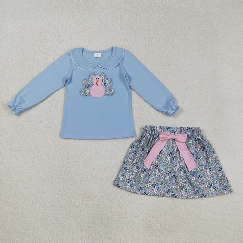 GLD0849 Embroidery Thanksgiving Turkey Flower Girls Skirt Set