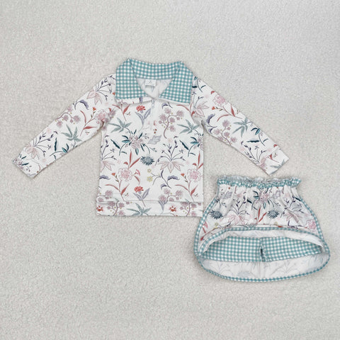 GLD0973 Flower Zipper Pullover Girls Skirt Set