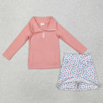 GLD0984 Pink Flower Zipper Pullover Girls Skirt Set