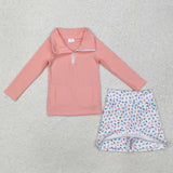 GLD0984 Pink Flower Zipper Pullover Girls Skirt Set