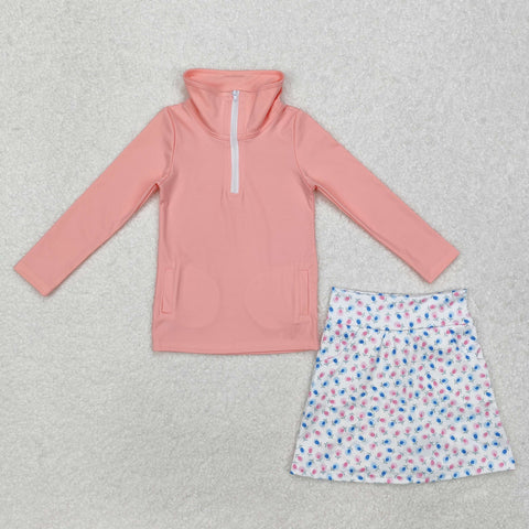 GLD0984 Pink Flower Zipper Pullover Girls Skirt Set