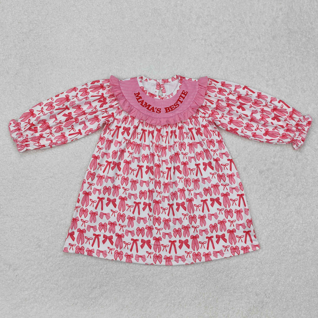 GLD0990 MAMA'S Bestie Bows Pink Smocked Girl's Dress
