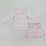 GLD1002 Spring Flower Pink Girls Skirt Shorts Set