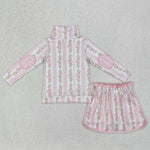 GLD1002 Spring Flower Pink Girls Skirt Shorts Set